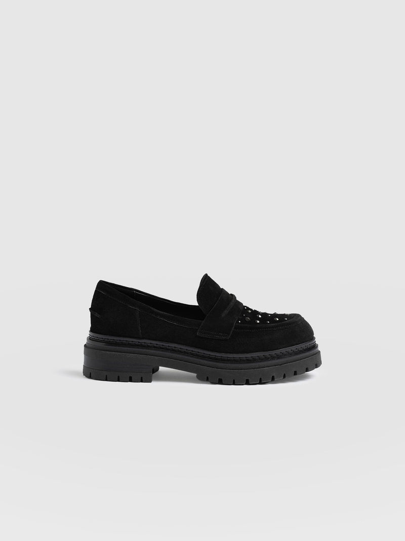 Raine Studded Loafer Black Suede- Women's Loafers | Saint + Sofia® EU