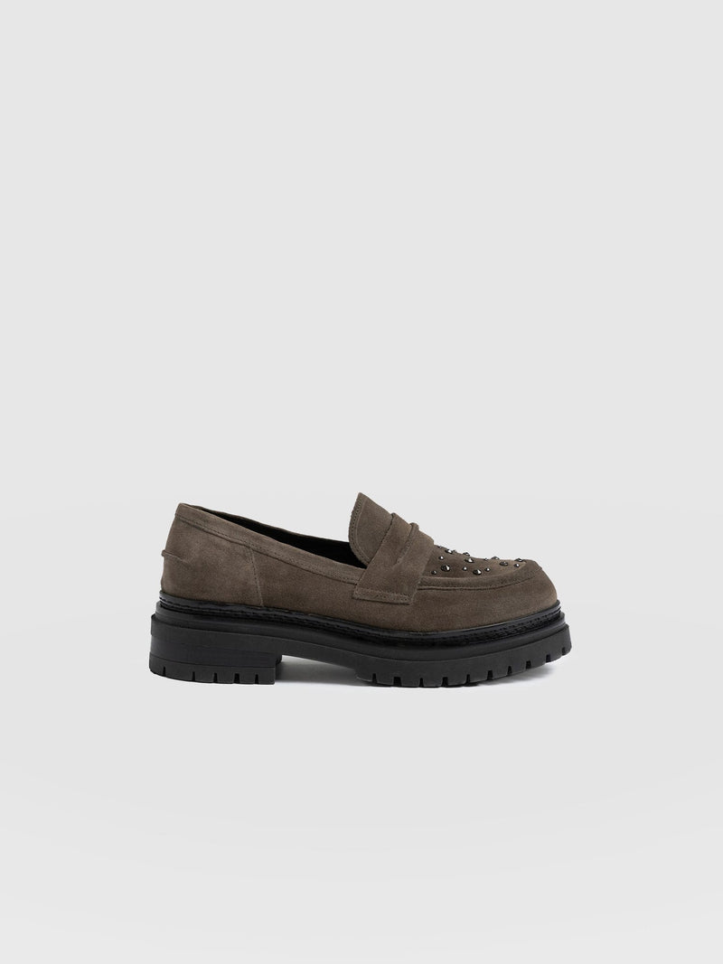 Raine Studded Loafer Taupe Suede- Women's Loafers | Saint + Sofia® EU