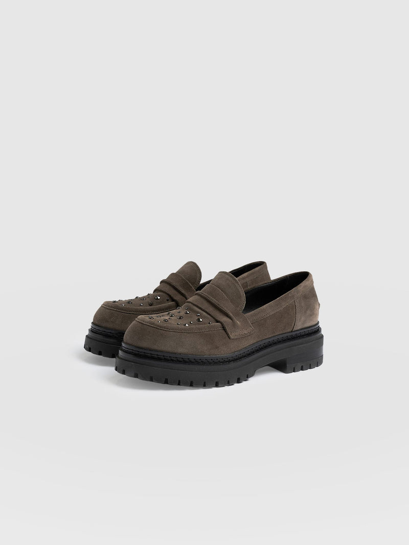 Raine Studded Loafer Taupe Suede- Women's Loafers | Saint + Sofia® EU