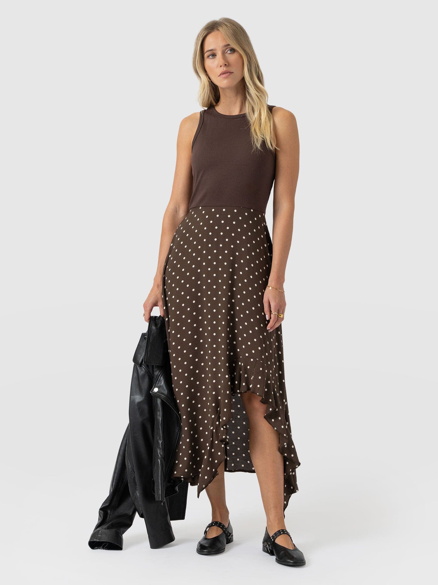 Renee Contrast Frill Dress - Brown Polka Dot - Women's Dresses | Saint + Sofia® EU
