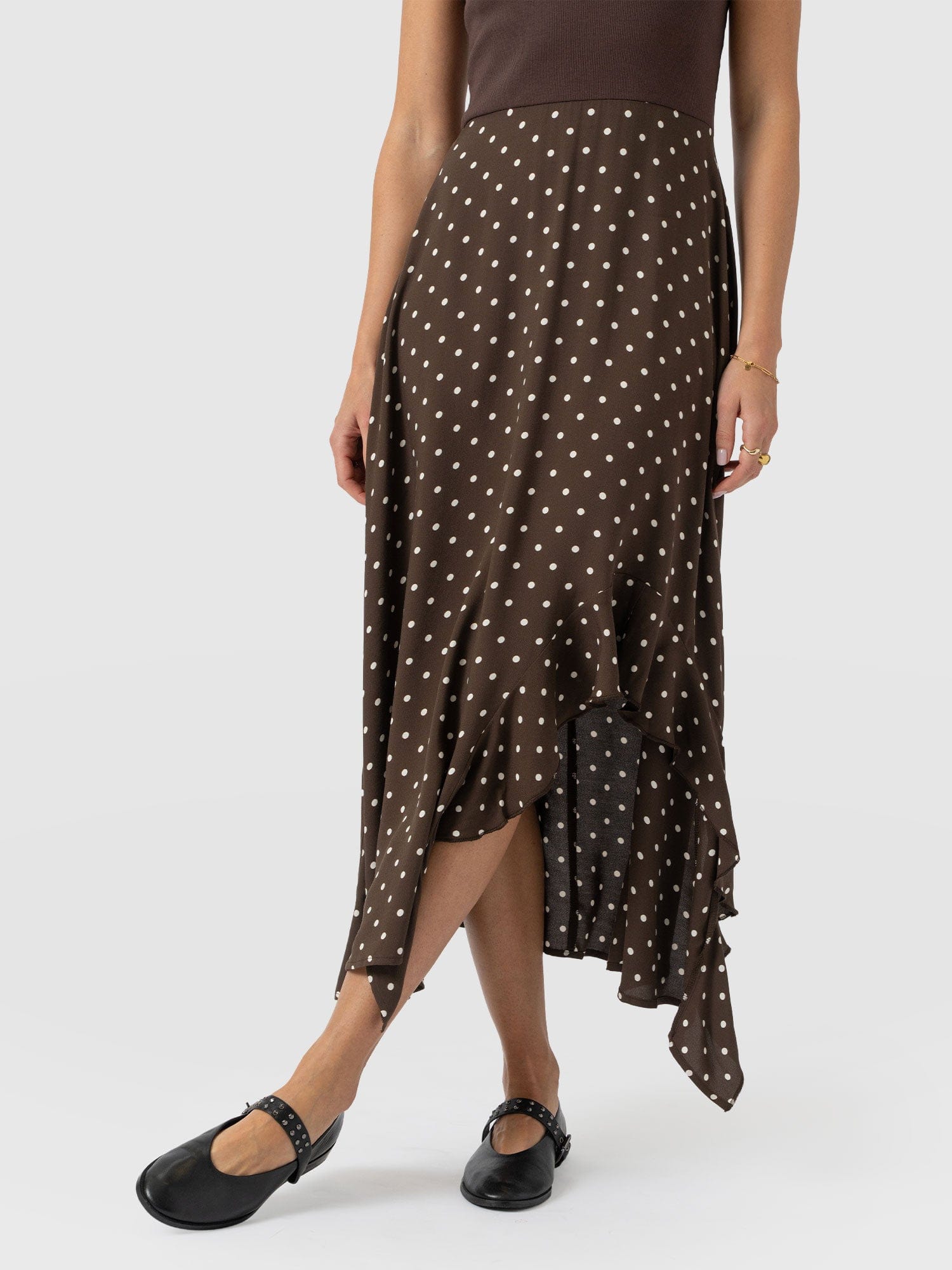 Renee Contrast Frill Dress - Brown Polka Dot - Women's Dresses | Saint + Sofia® EU