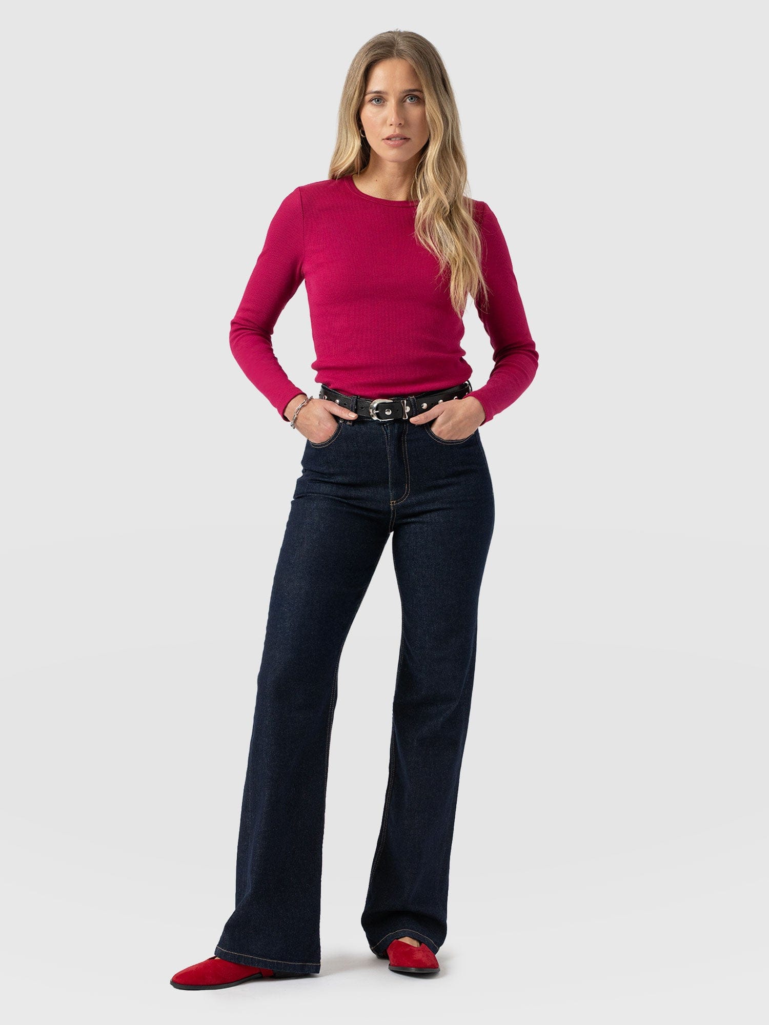 Ribbed Long Sleeve Tee - Fuchsia Pink - Women's T-shirts | Saint + Sofia® EU