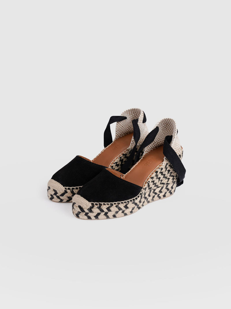 Rowe Espadrille Tie Wedges - Black Suede - Women's Shoes | Saint + Sofia® EU