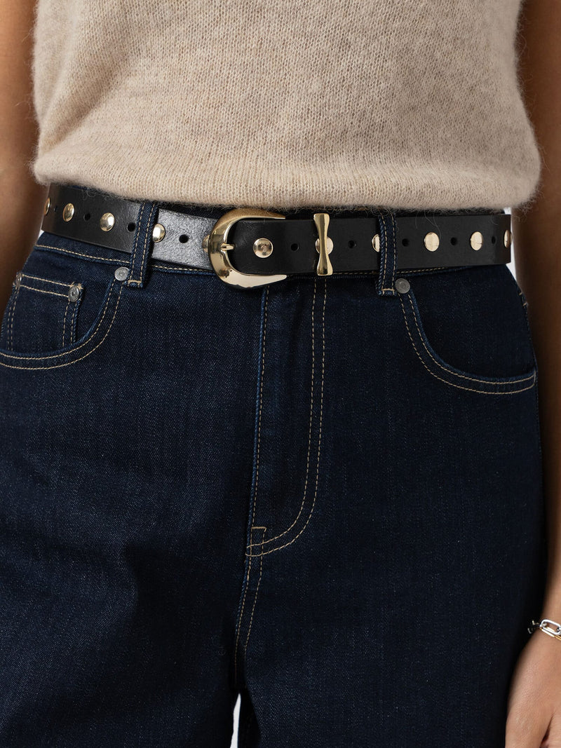 Roxie Studded Belt - Black/Gold - Women's Accessories | Saint and Sofia® EU