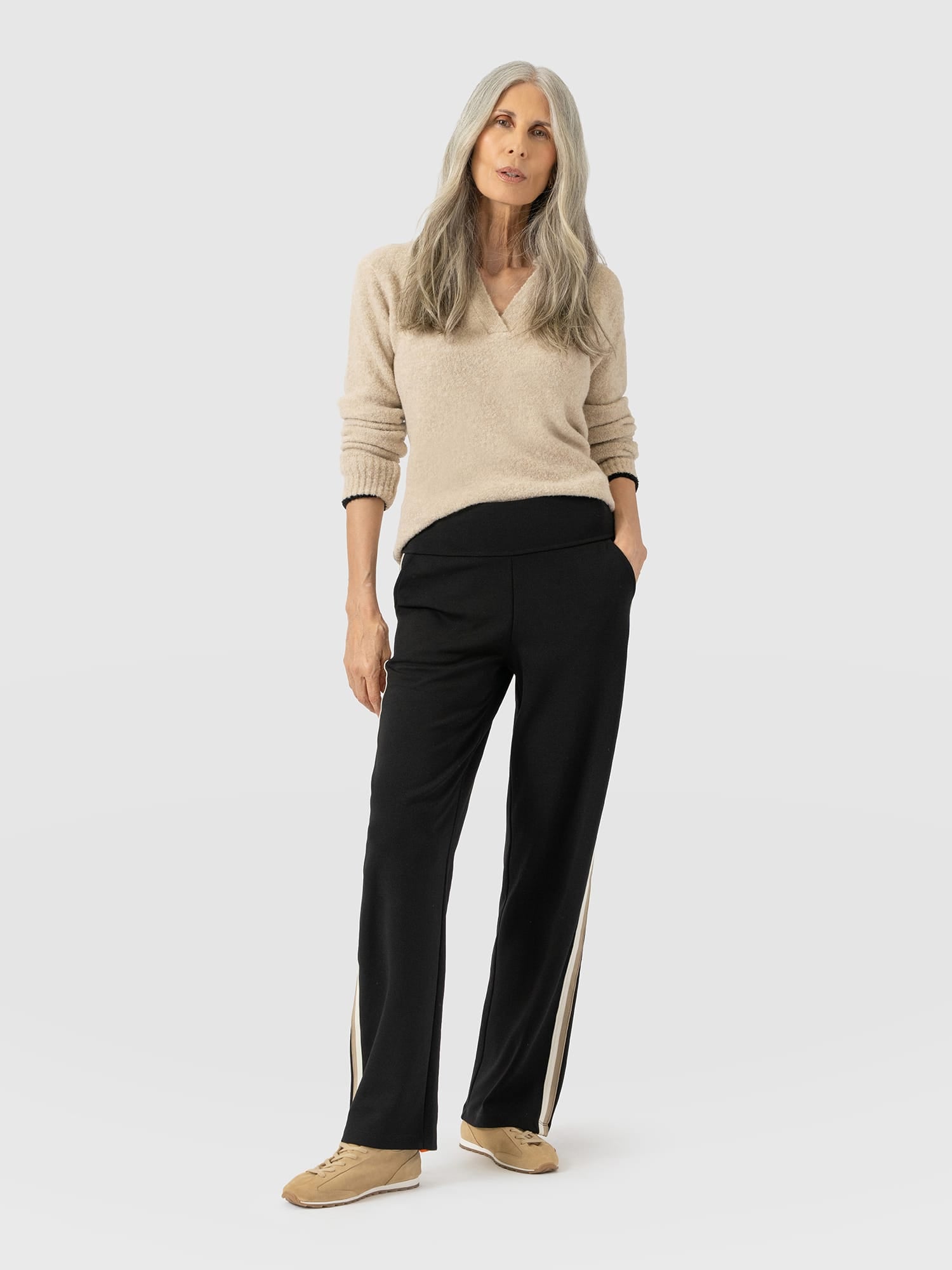 Runway Pant - Black - Cream/Beige Stripe - Women's Trousers | Saint and Sofia® EU