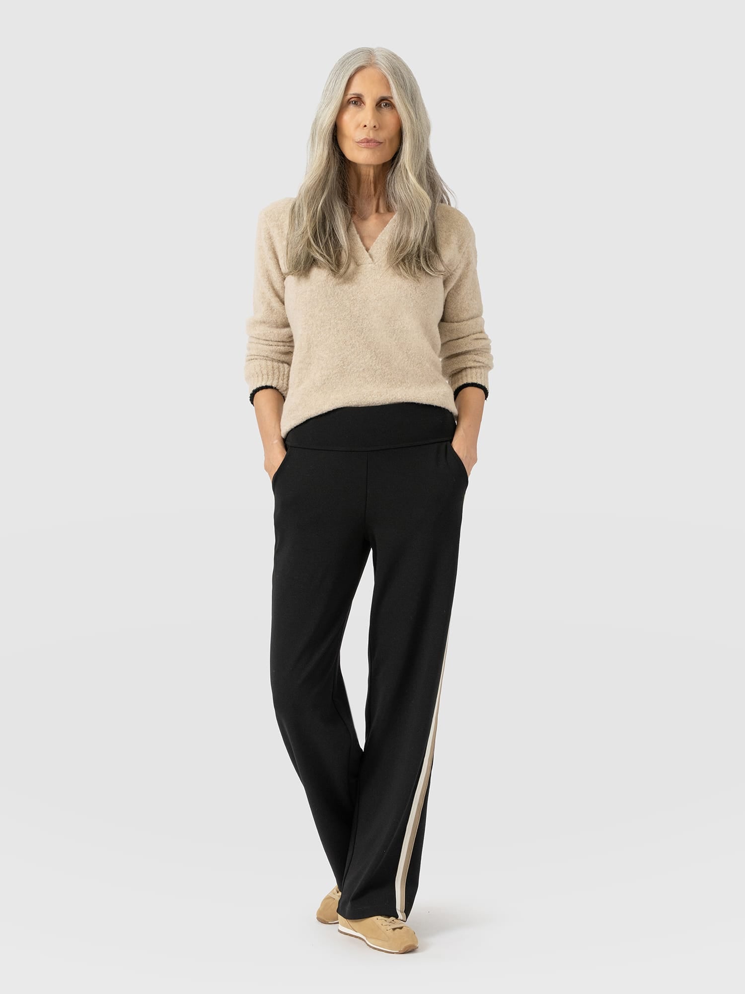 Runway Pant - Black - Cream/Beige Stripe - Women's Trousers | Saint and Sofia® EU