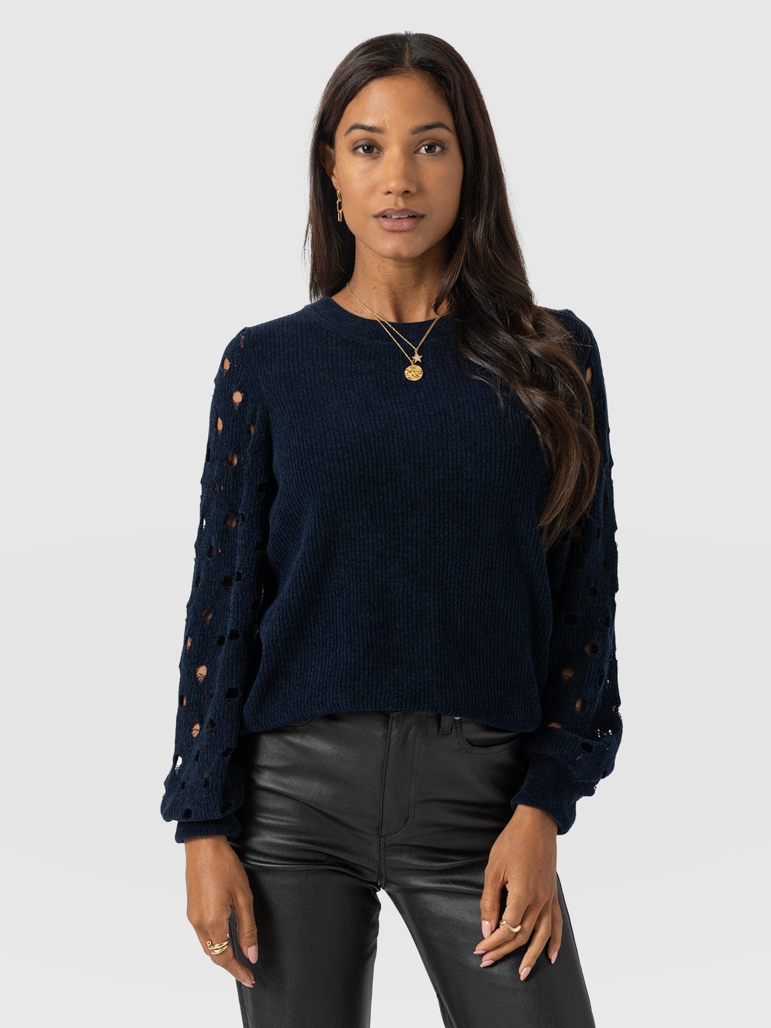 Suki Lace Hole Knit - Navy - Women's Jumpers | Saint and Sofia® EU
