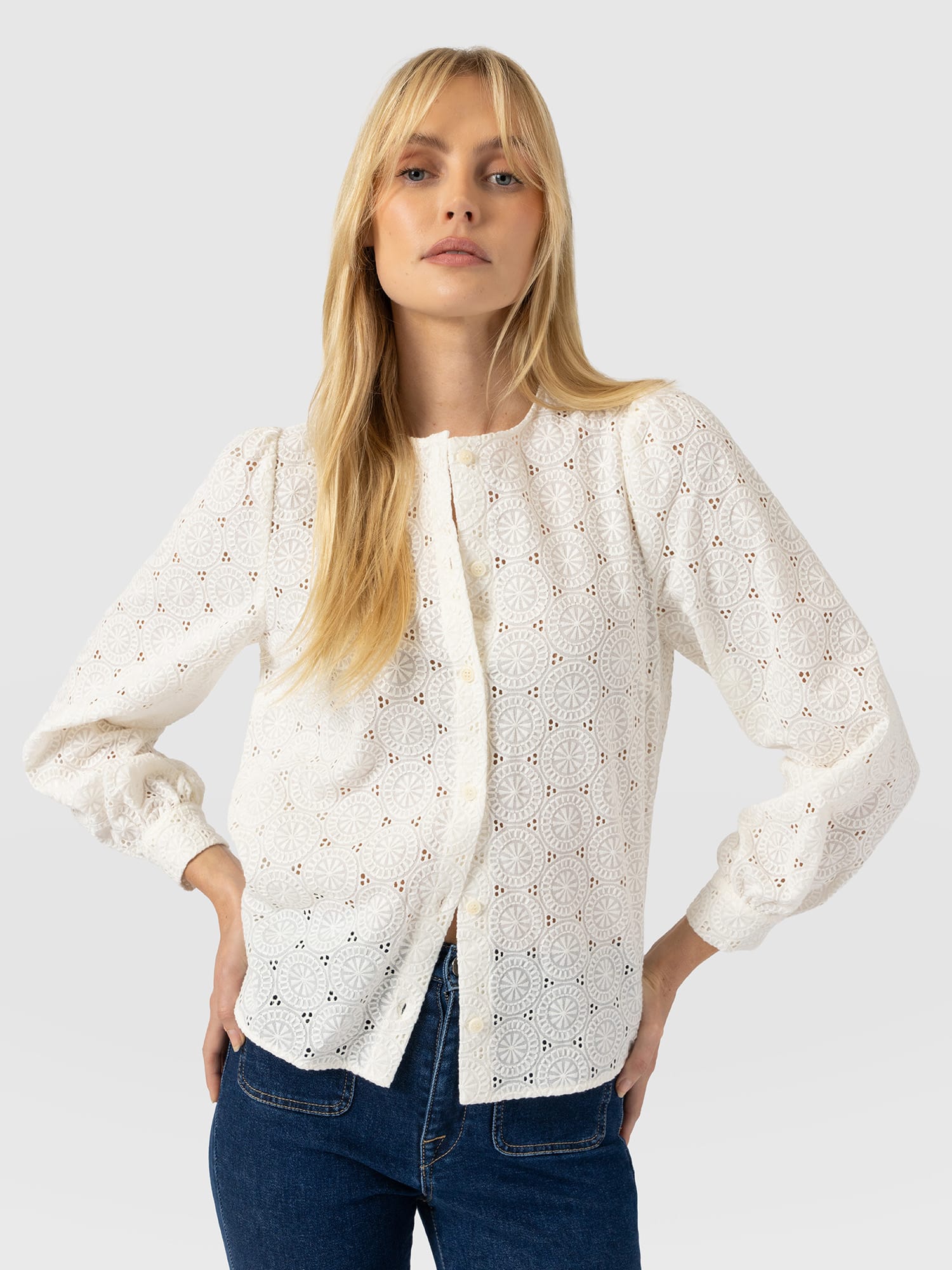 Tabitha Blouse Cream Broderie - Women's Blouses | Saint and Sofia® EU