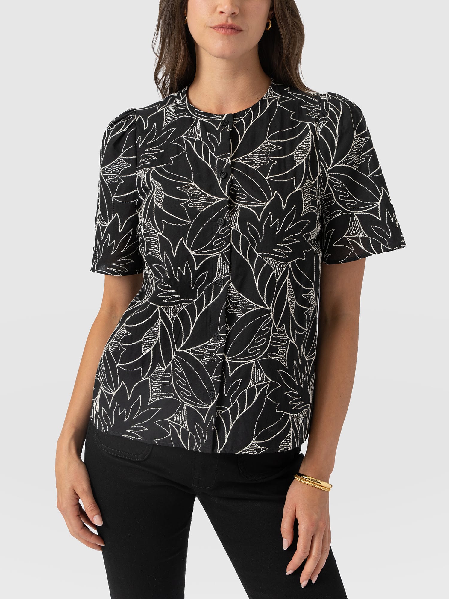 Tabitha Short Sleeve Blouse - Black Embroidered - Women's Blouses | Saint and Sofia® EU
