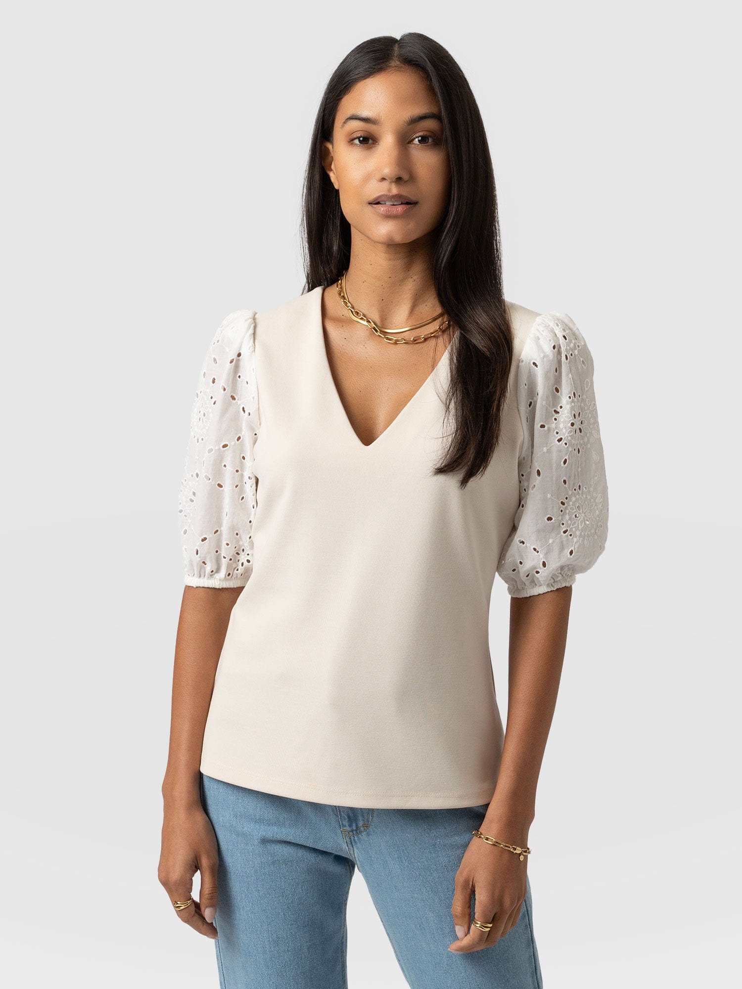 Tori Puff Sleeve Top Cream Broderie Women's Tops Saint Sofia® EU - Main Image