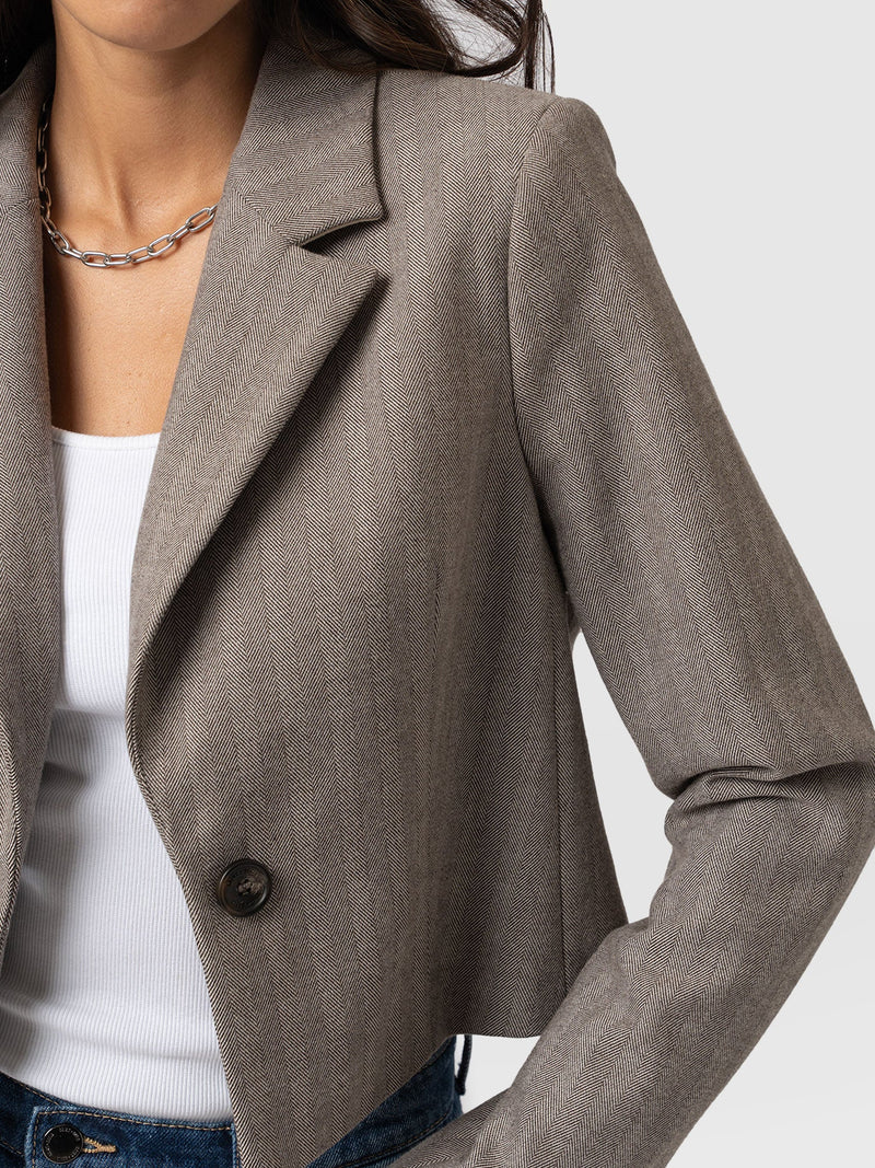 Astrid Cropped Blazer - Brown Herringbone