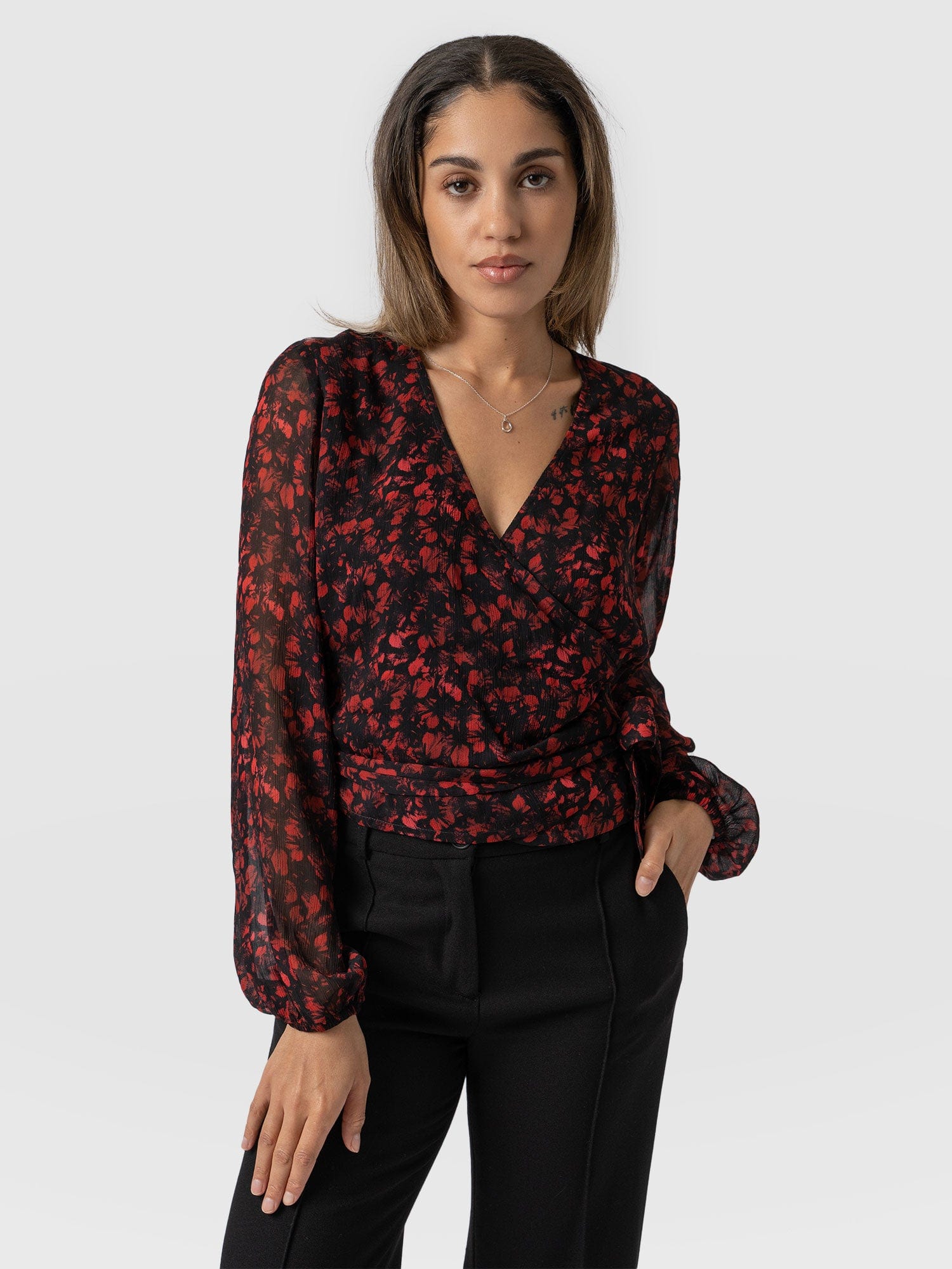 Brook Wrap Blouse - Red Winter Floral