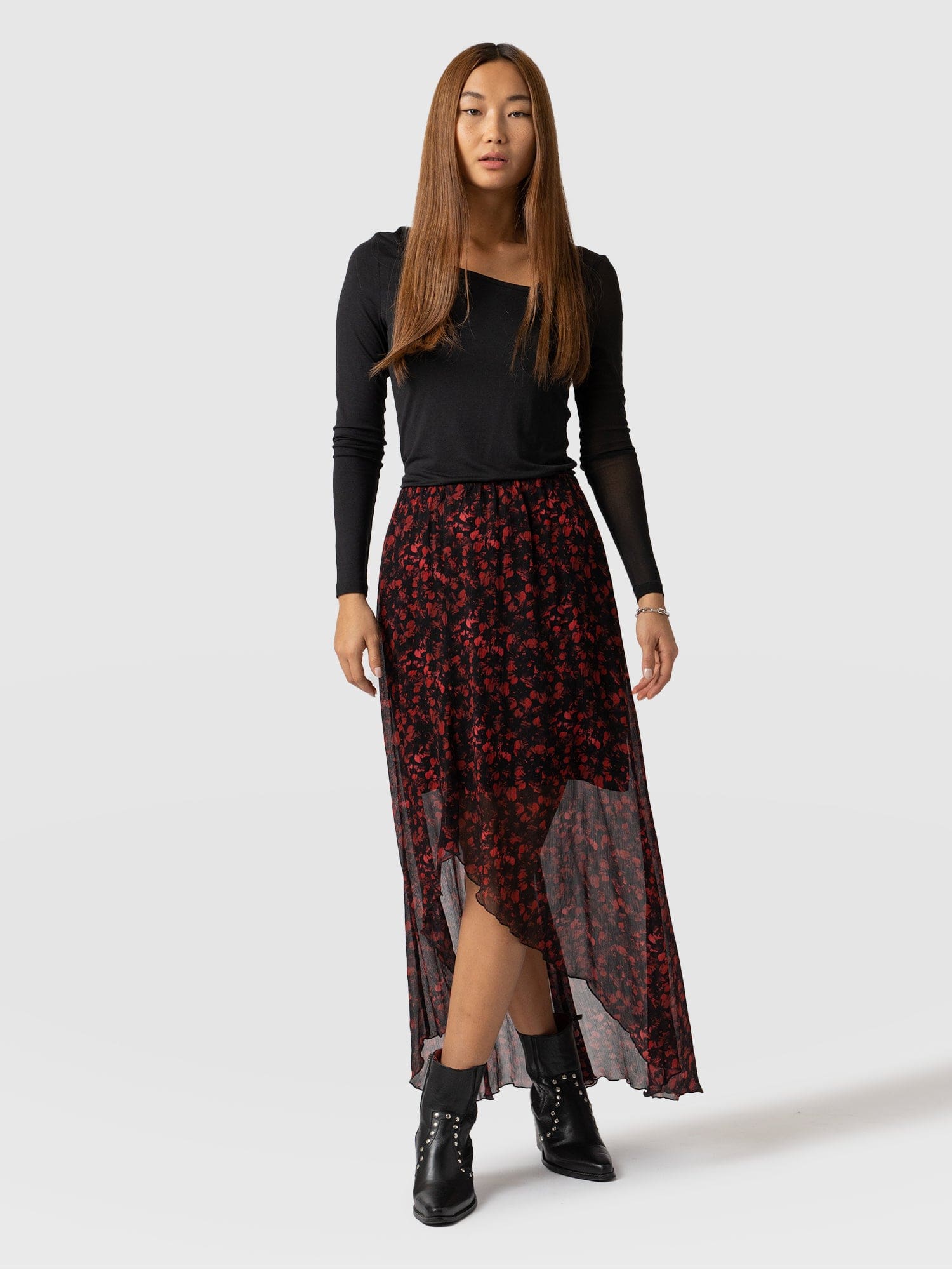 Lexie High Low Skirt - Red Winter Floral