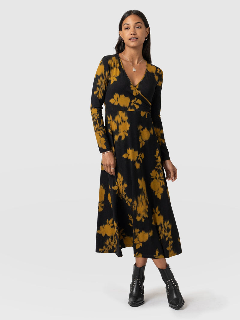 Maggie Wrap Midi Dress - Yellow Fade Floral