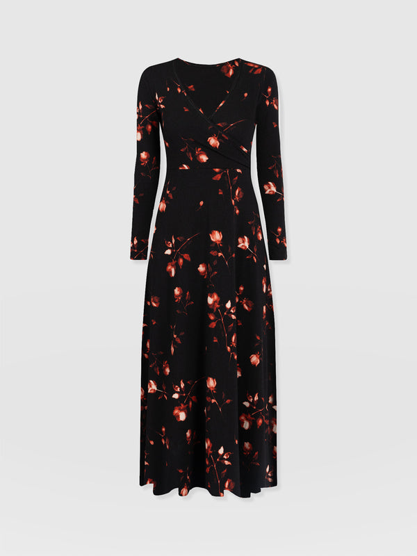 Maggie Wrap Midi Dress - Dark Roses