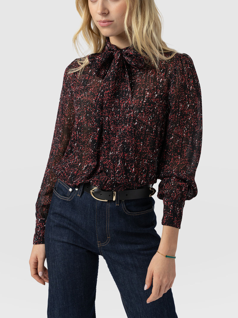 Paxton Pussybow Blouse - Red Ditsy Leopard