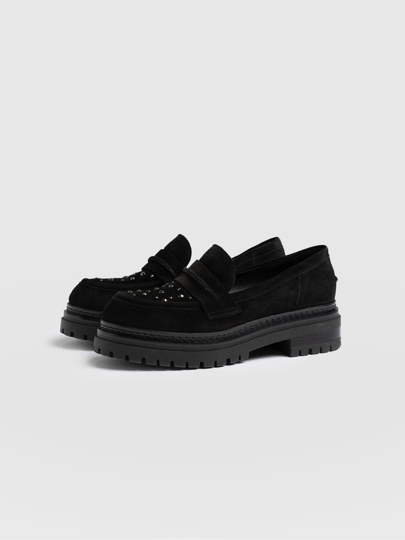 Raine Studded Loafer - Black Suede