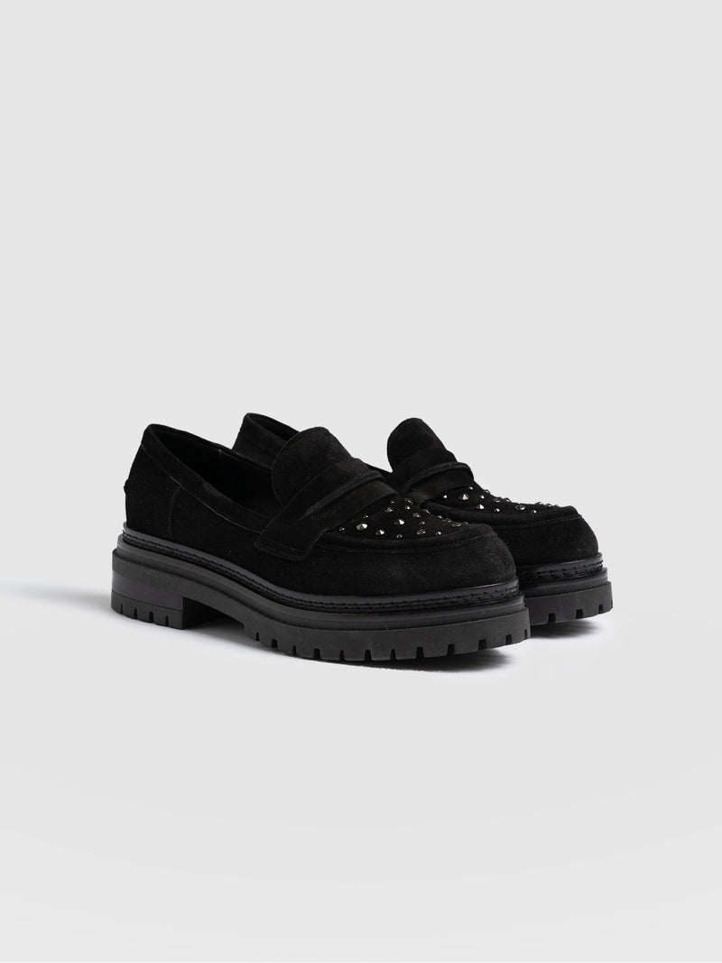 Raine Studded Loafer - Black Suede