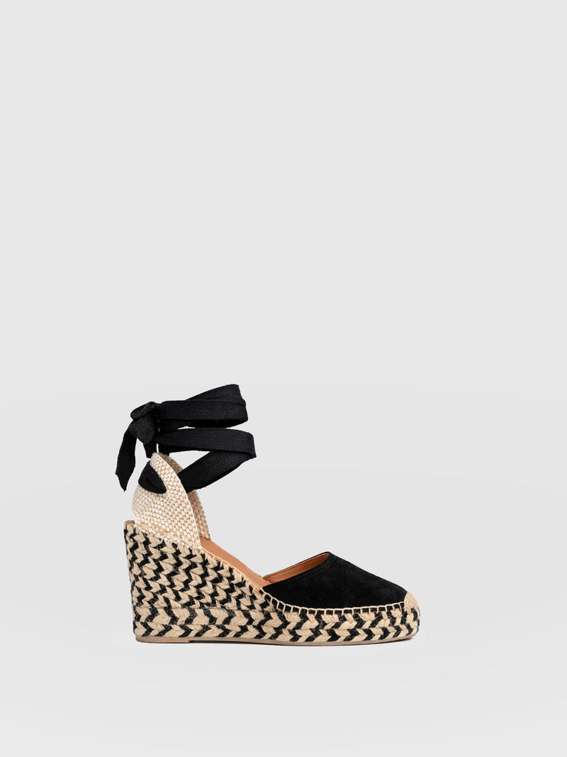 Rowe Espadrille Tie Wedges - Black Suede