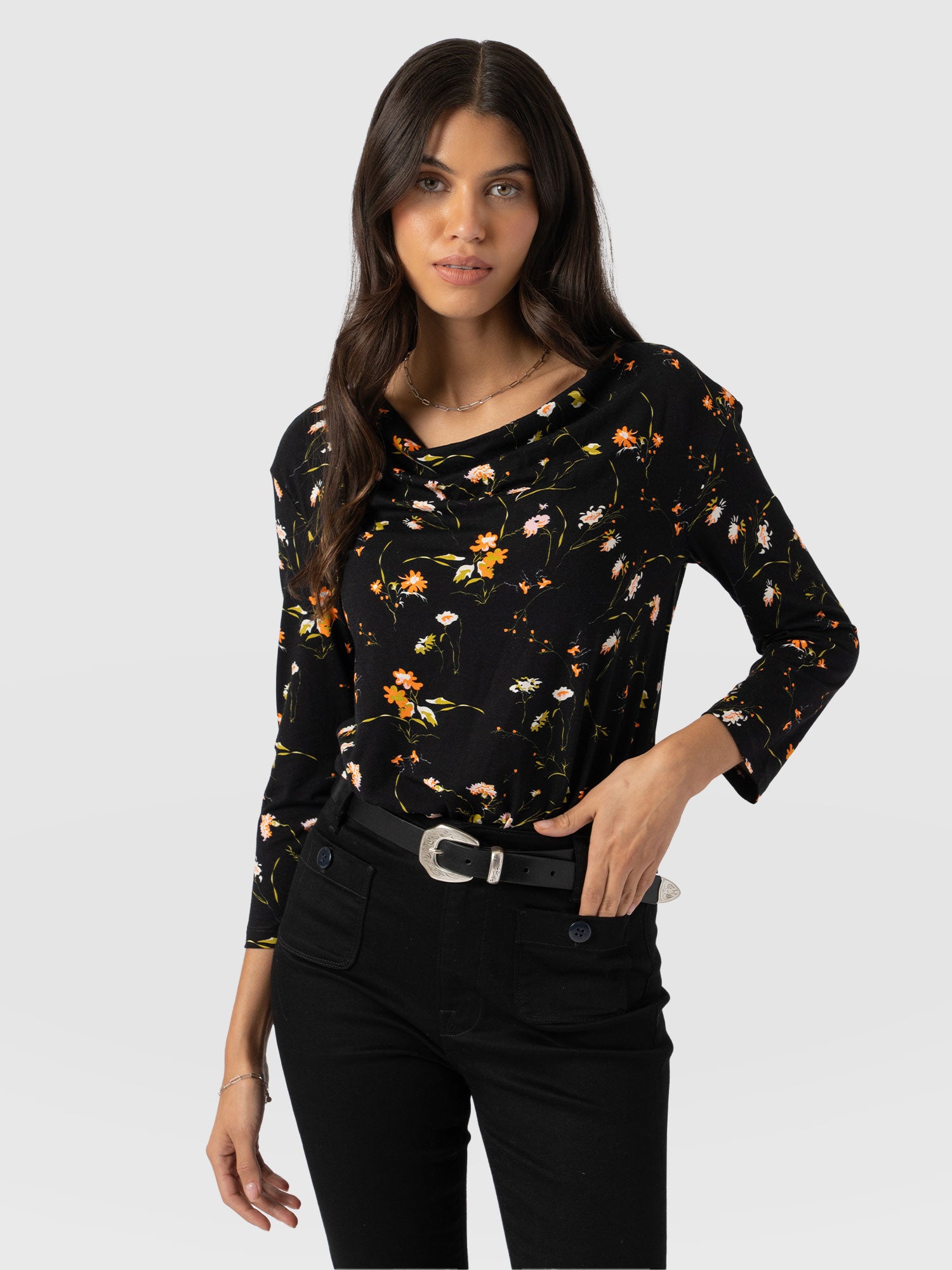 Cowl Neck Tee Long Sleeve - Black Floral