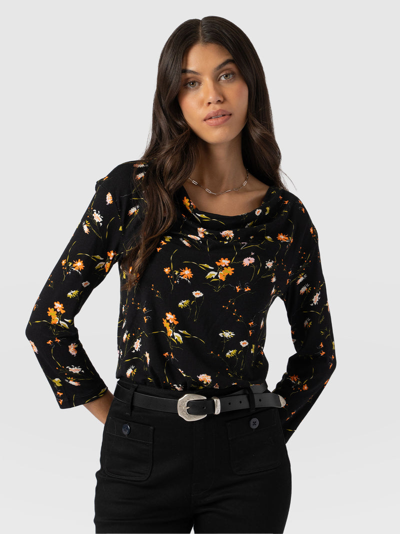 Cowl Neck Tee Long Sleeve - Black Floral