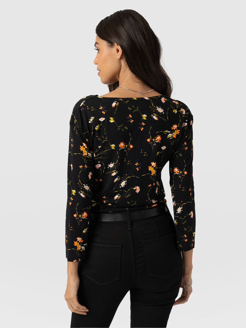 Cowl Neck Tee Long Sleeve - Black Floral