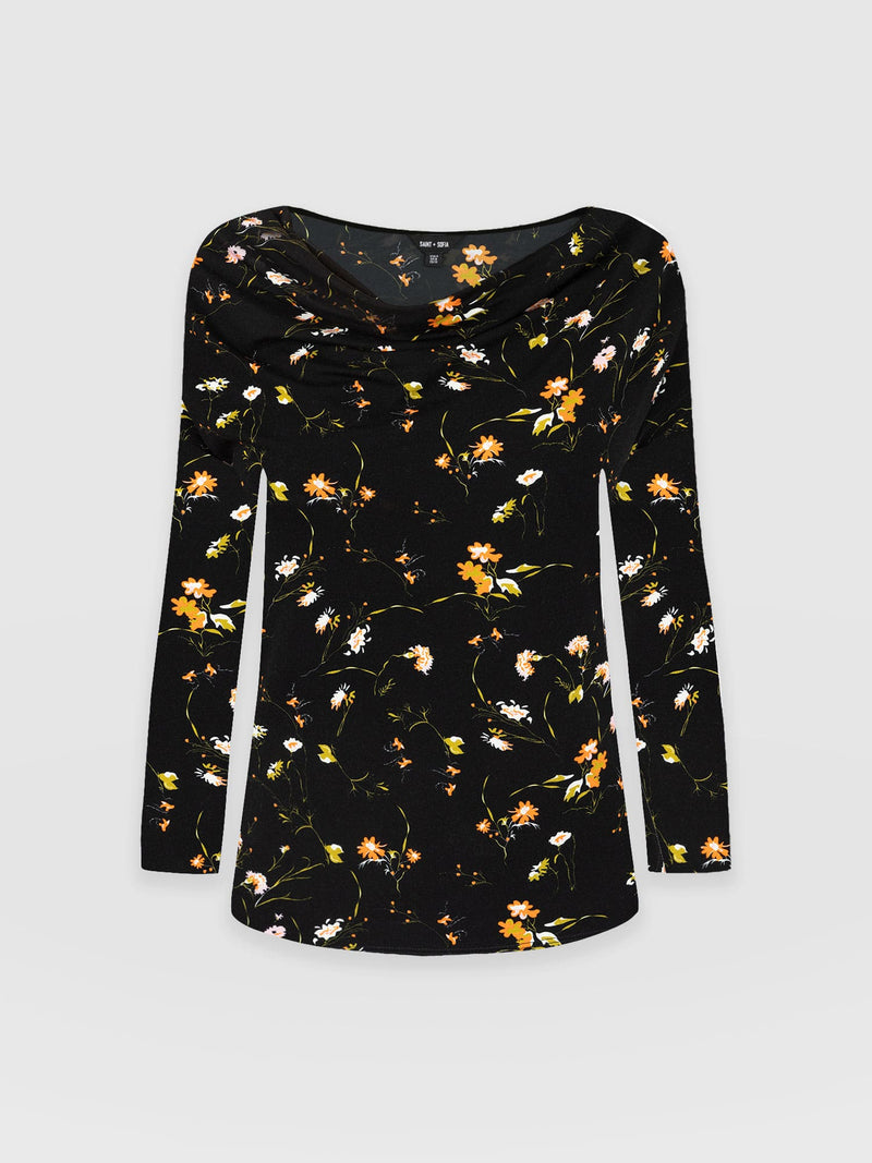 Cowl Neck Tee Long Sleeve - Black Floral