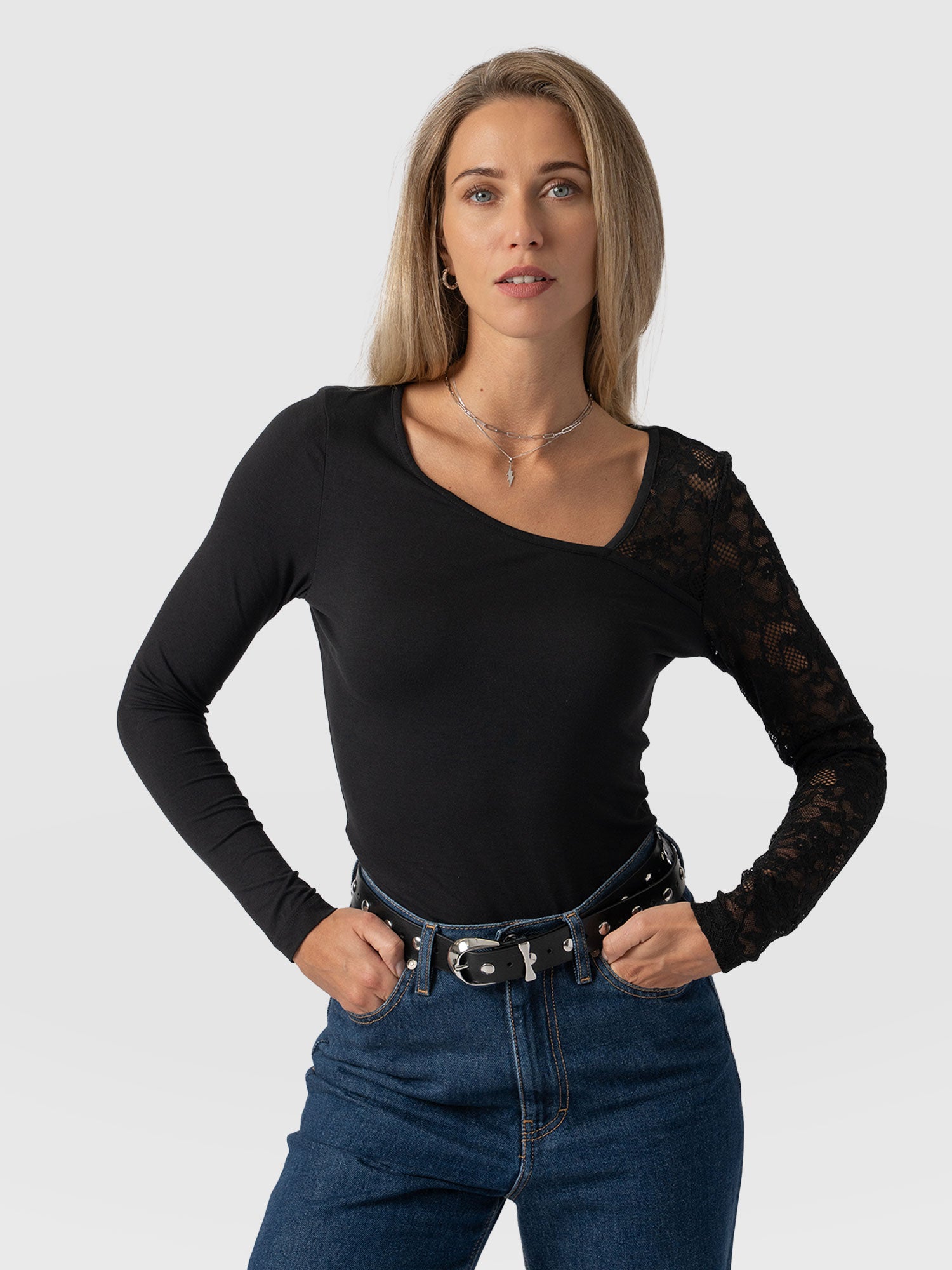 Aimee Cut Out Long Sleeve Tee - Black Lace