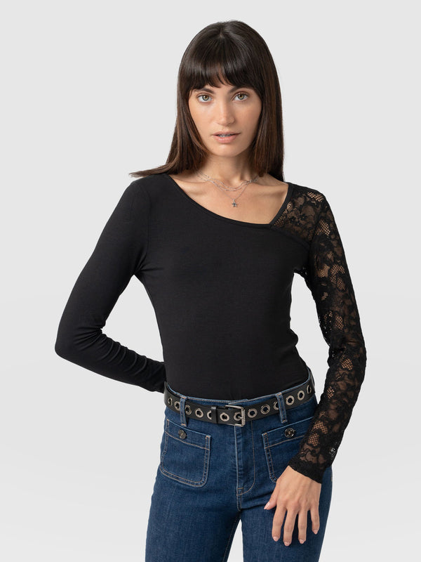 Aimee Cut Out Long Sleeve Tee - Black Lace