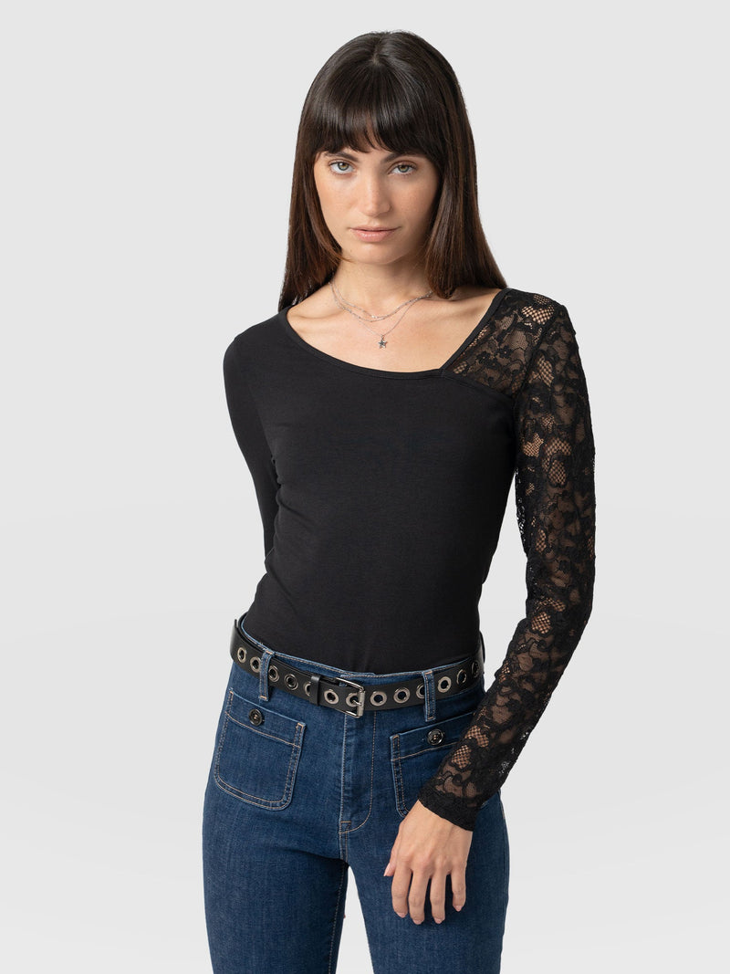 Aimee Cut Out Long Sleeve Tee - Black Lace