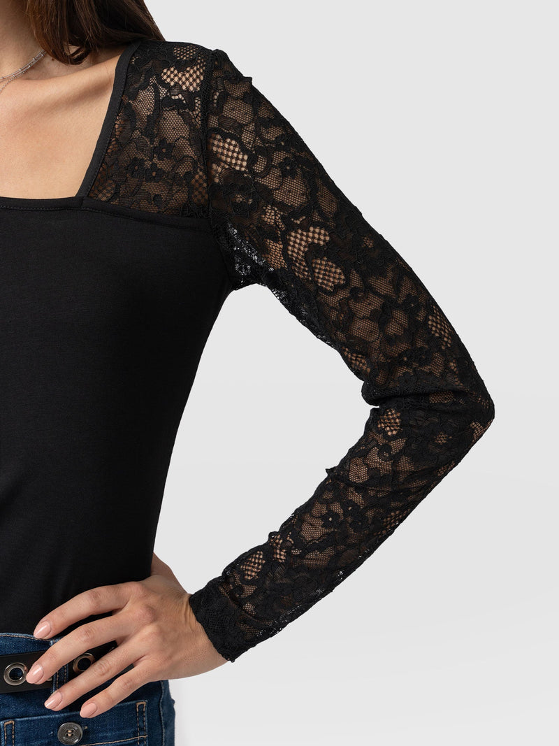 Aimee Cut Out Long Sleeve Tee - Black Lace