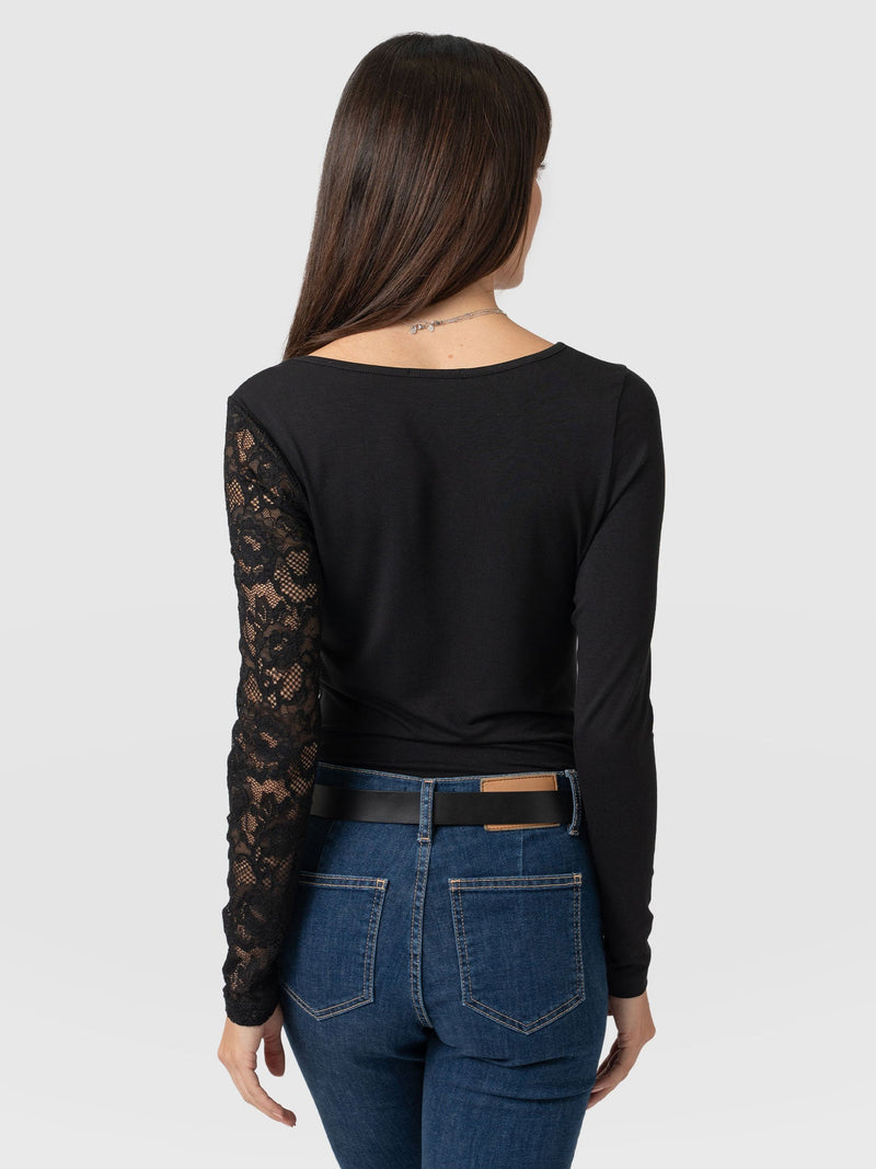 Aimee Cut Out Long Sleeve Tee - Black Lace