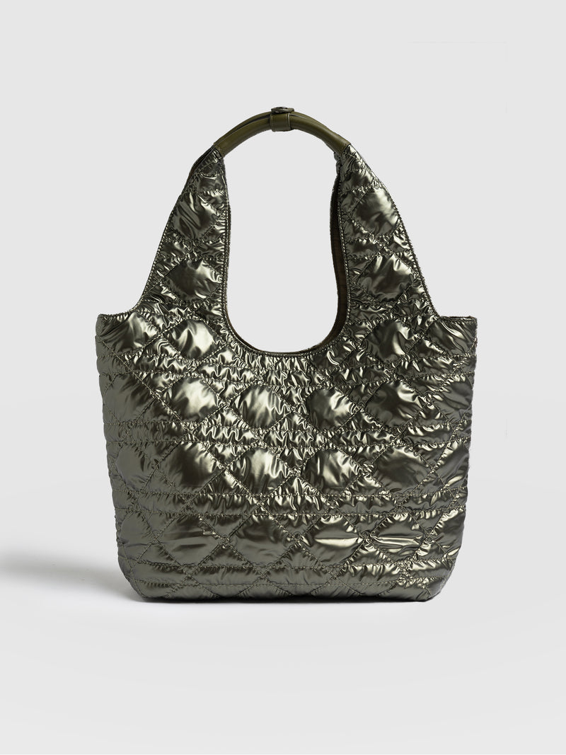 Quilted Stella Shoulder Tote Bag - Metallic Khaki