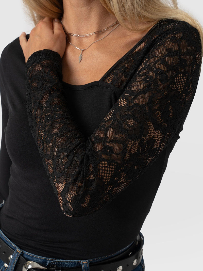 Aimee Cut Out Long Sleeve Tee Black Lace - Women's T-Shirts | Saint + Sofia® EU