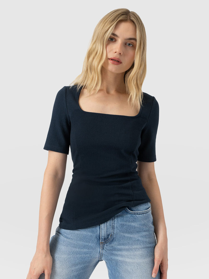 Akia Short Sleeve Tee - Navy Textured - Women's T-shirts | Saint and Sofia® EU