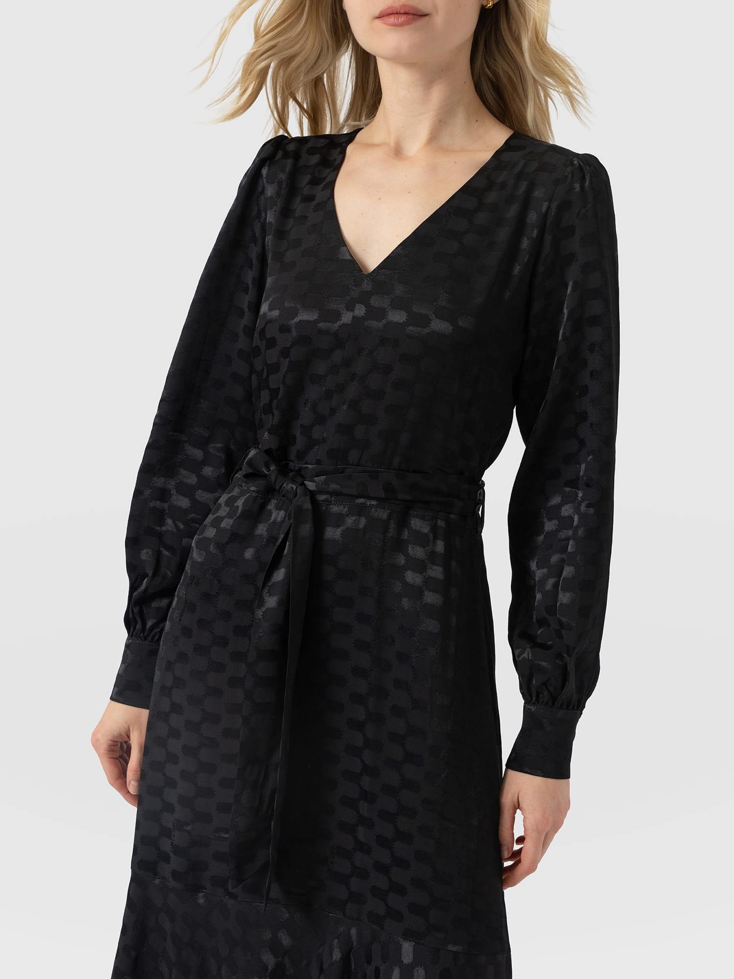 Allegra V Neck Dress - Black Jacquard - Women's Dresses | Saint and Sofia® EU