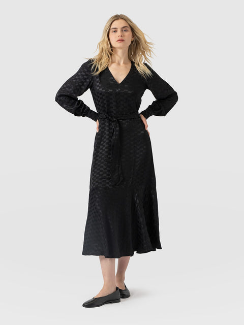Allegra V Neck Dress - Black Jacquard - Women's Dresses | Saint and Sofia® EU