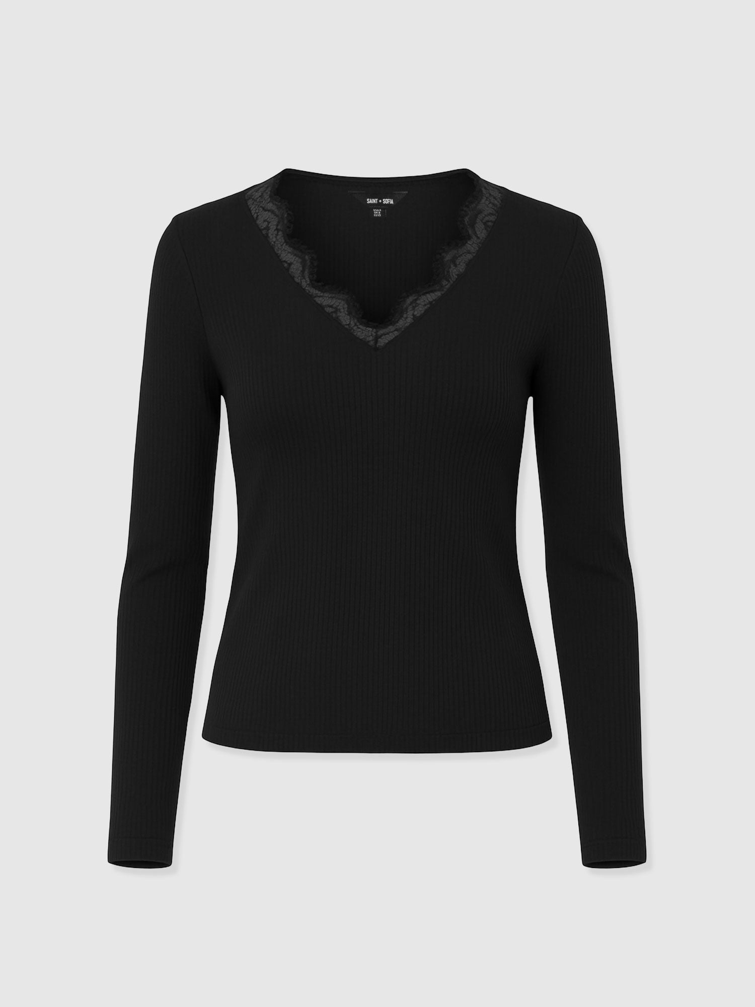 Andie V Neck Long Sleeve Tee - Black Lace - Women's T-shirts | Saint + Sofia® EU