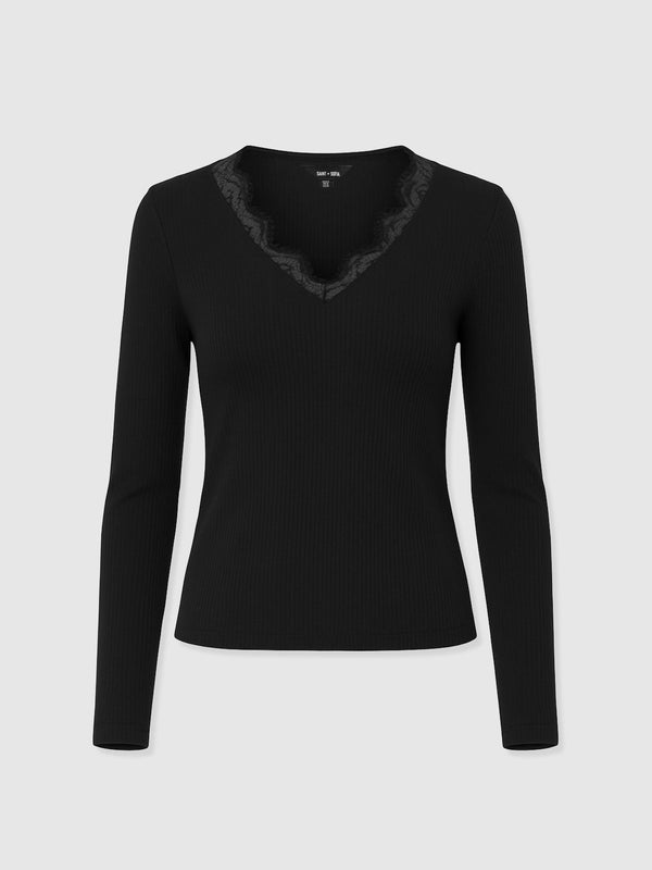 Andie V Neck Long Sleeve Tee - Black Lace - Women's T-shirts | Saint + Sofia® EU