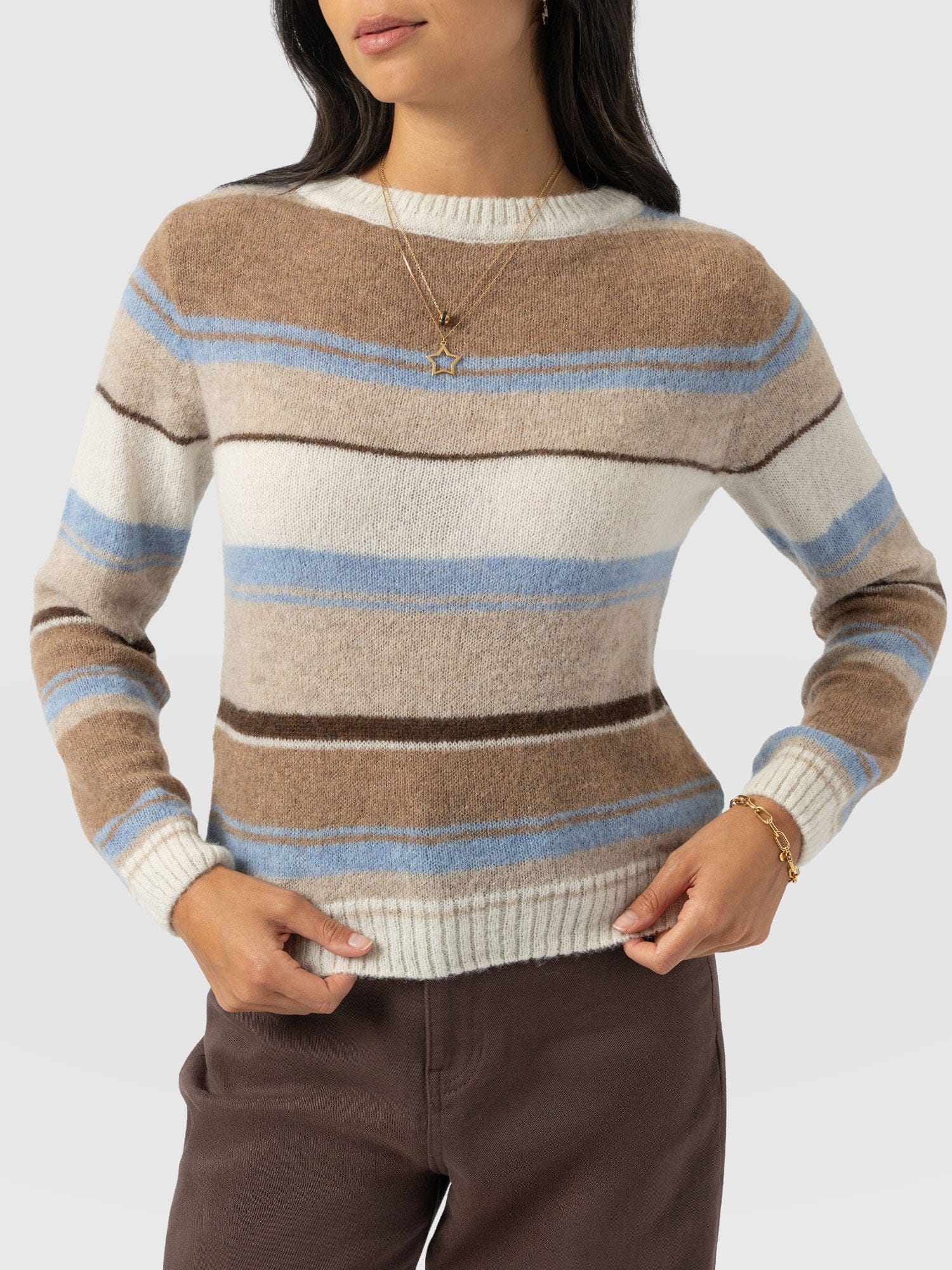 Ariella Boat Neck Jumper - Blue/Brown Stripe - Women's Jumpers | Saint + Sofia® EU