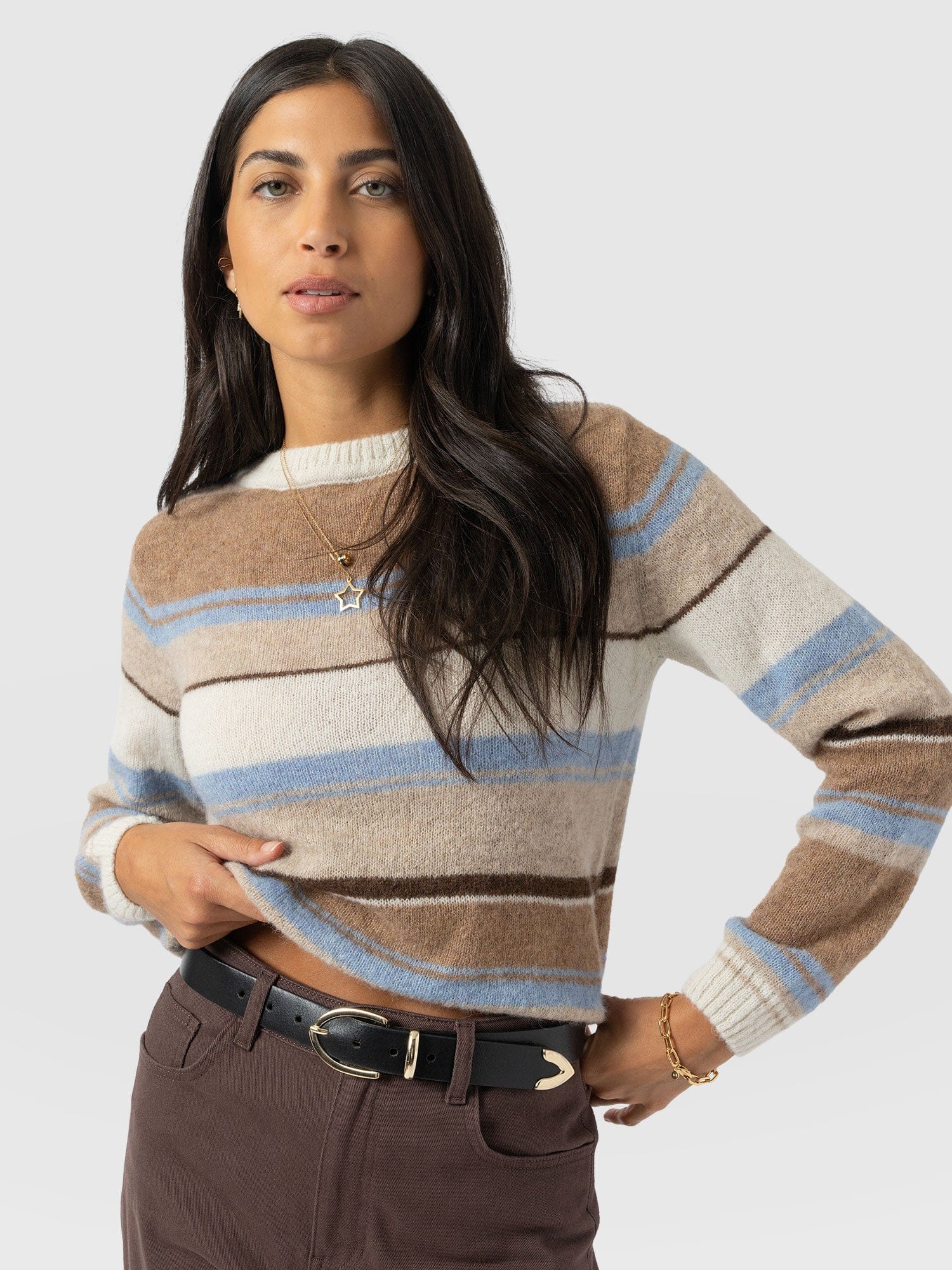 Ariella Boat Neck Jumper - Blue/Brown Stripe - Women's Jumpers | Saint + Sofia® EU
