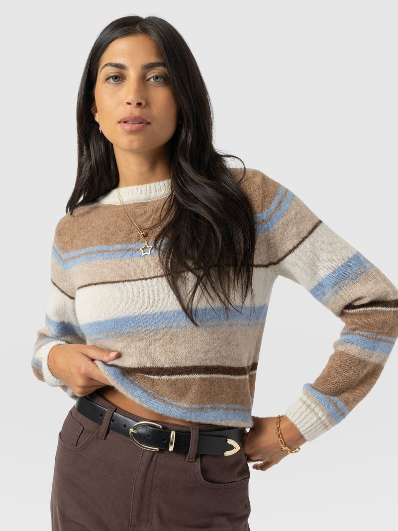 Ariella Boat Neck Jumper - Blue/Brown Stripe - Women's Jumpers | Saint + Sofia® EU
