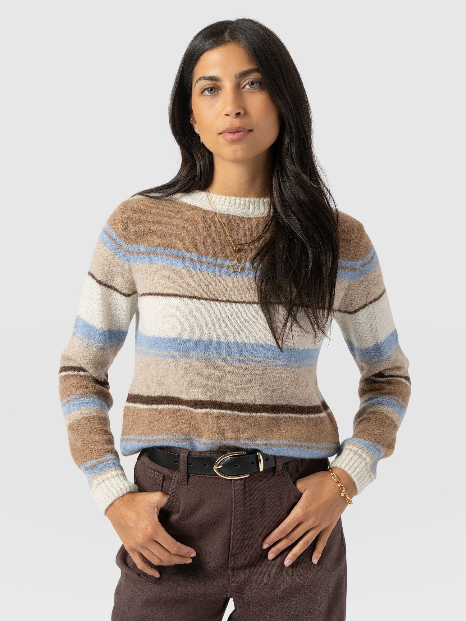Ariella Boat Neck Jumper - Blue/Brown Stripe - Women's Jumpers | Saint + Sofia® EU