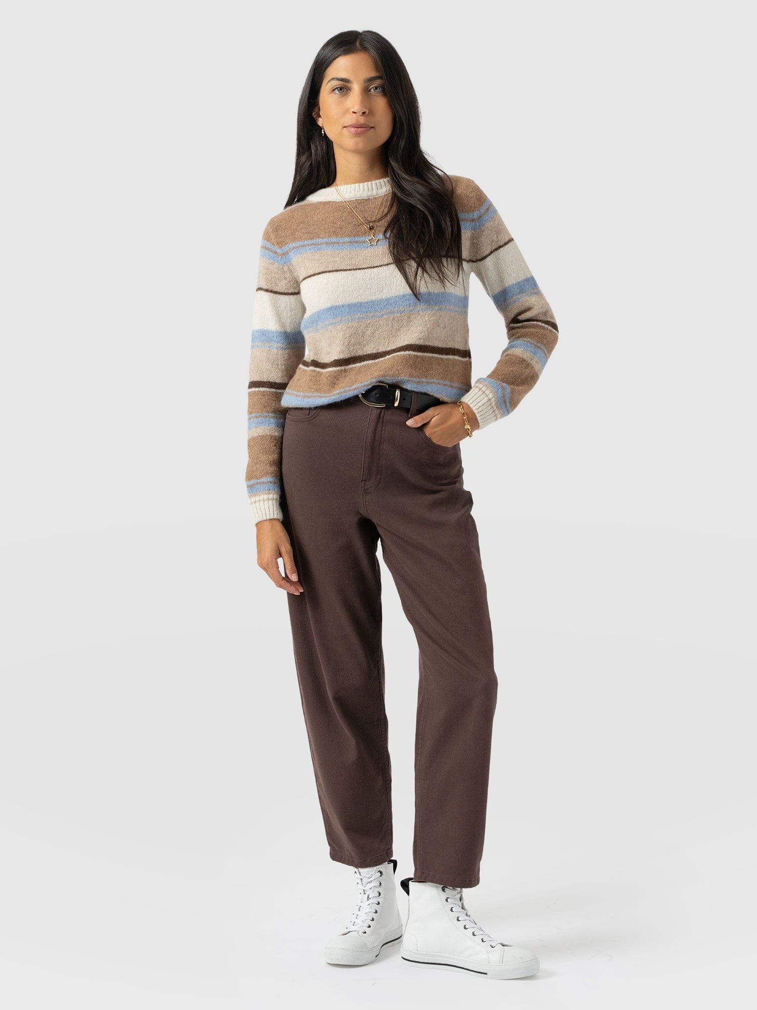 Ariella Boat Neck Jumper - Blue/Brown Stripe - Women's Jumpers | Saint + Sofia® EU