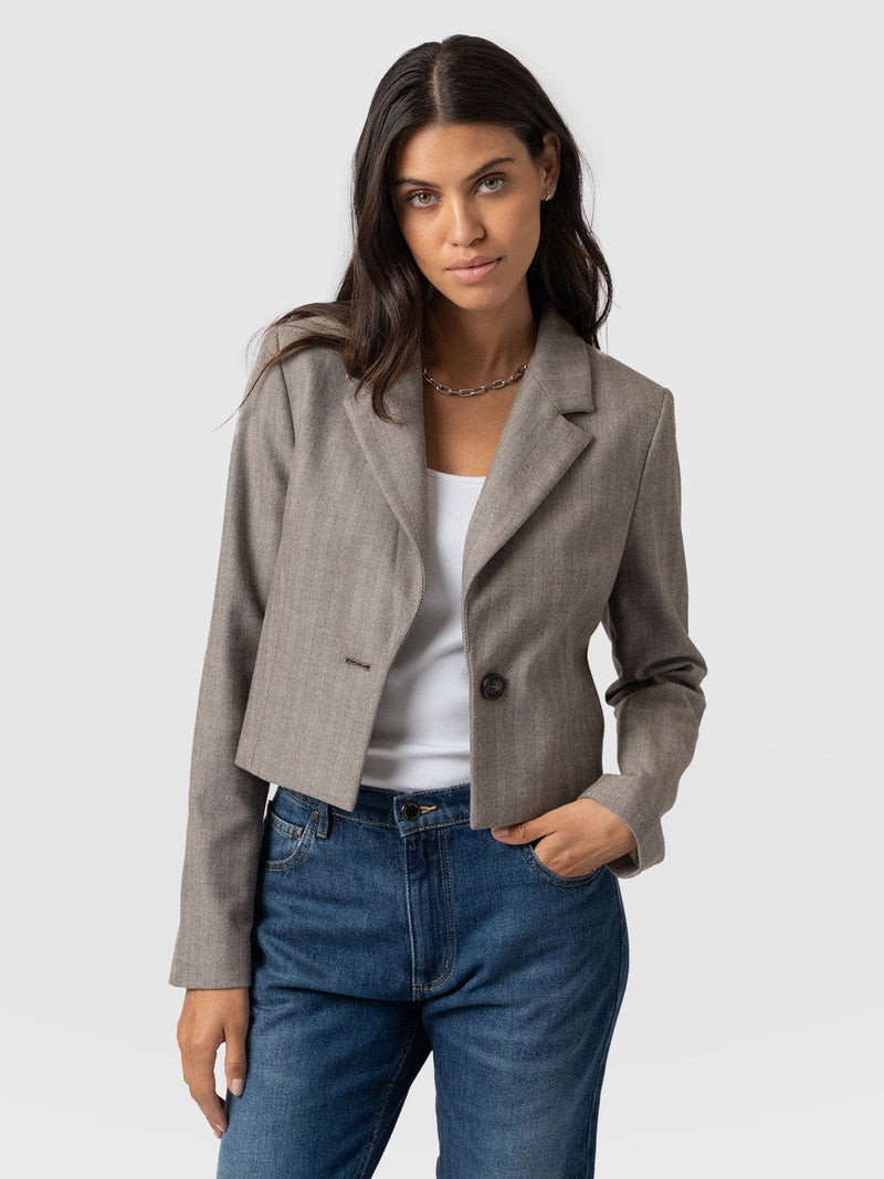 Astrid Cropped Blazer Brown Herringbone - Women's Blazers | Saint + Sofia® EU