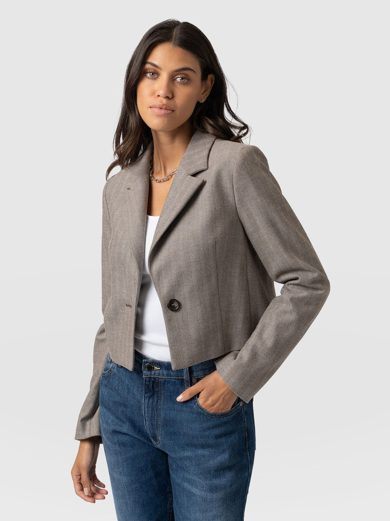 Astrid Cropped Blazer Brown Herringbone - Women's Blazers | Saint + Sofia® EU