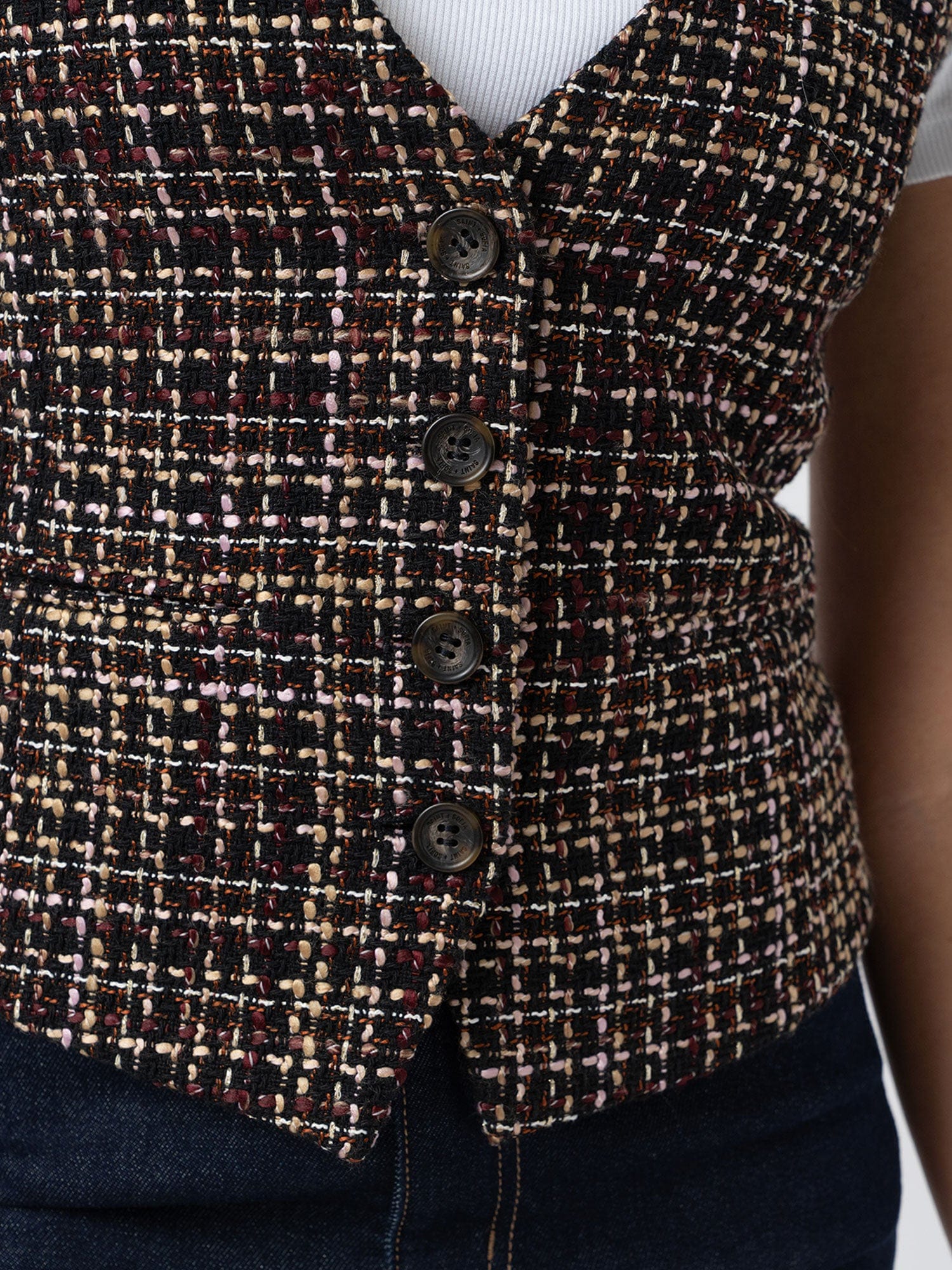 Astrid Waistcoat - Black/Burgundy/Gold Boucle - Women's Jackets | Saint + Sofia® EU