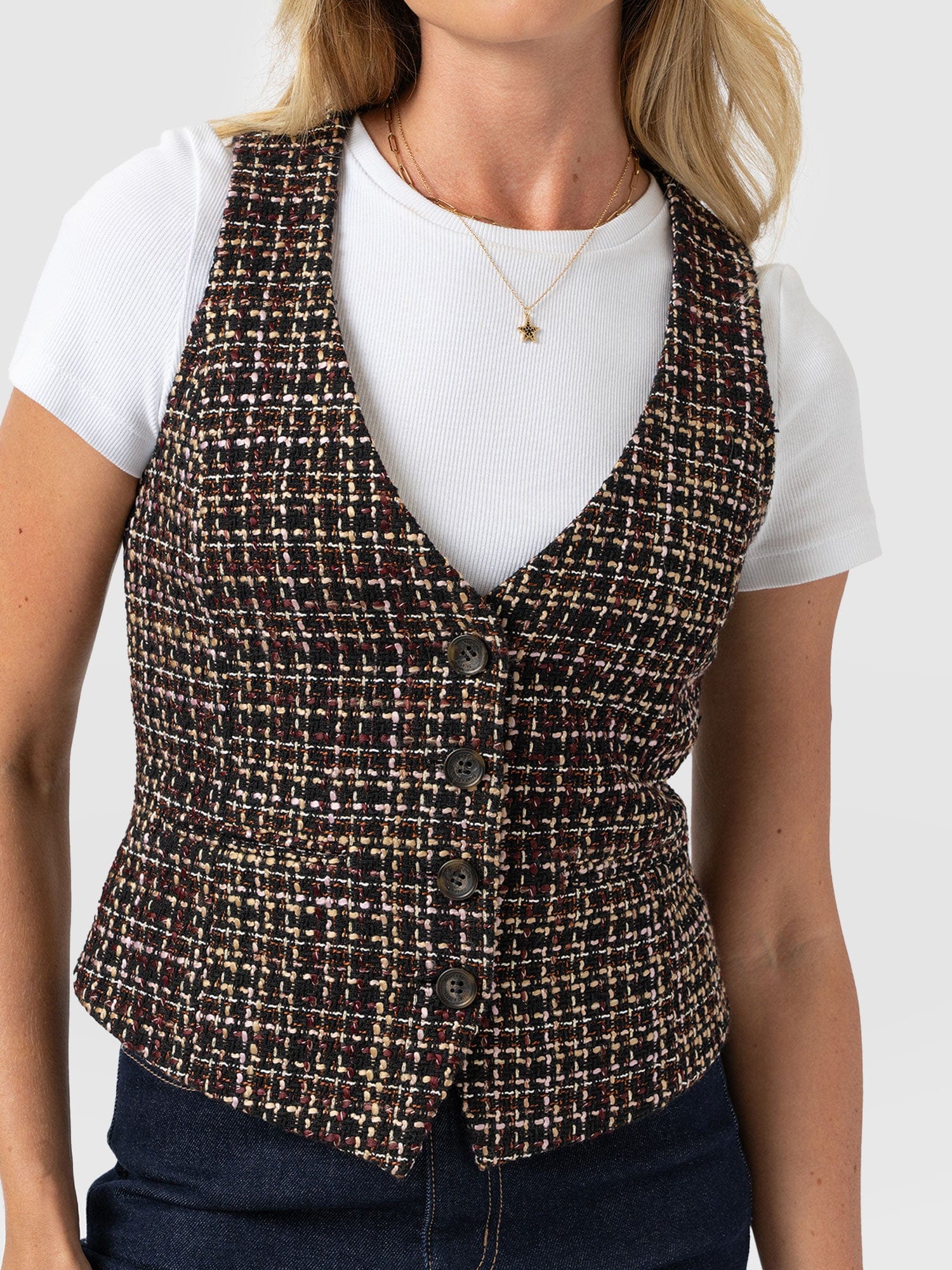 Astrid Waistcoat - Black/Burgundy/Gold Boucle - Women's Jackets | Saint + Sofia® EU