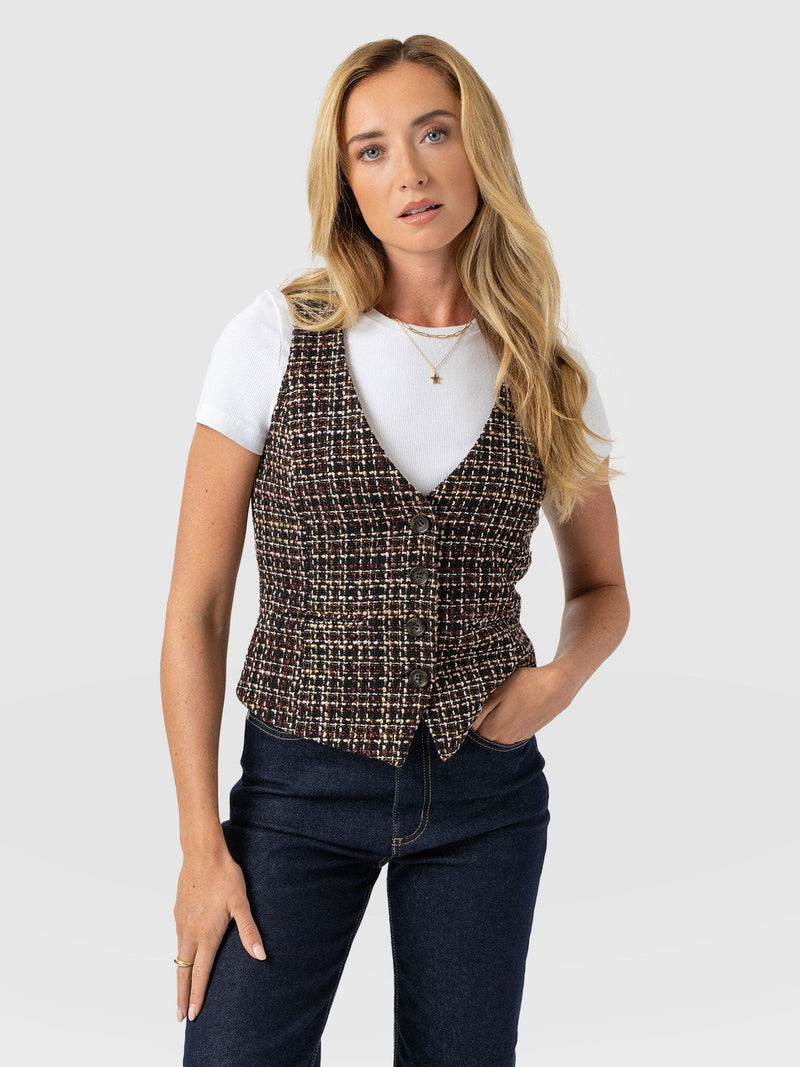 Astrid Waistcoat - Black/Burgundy/Gold Boucle - Women's Jackets | Saint + Sofia® EU
