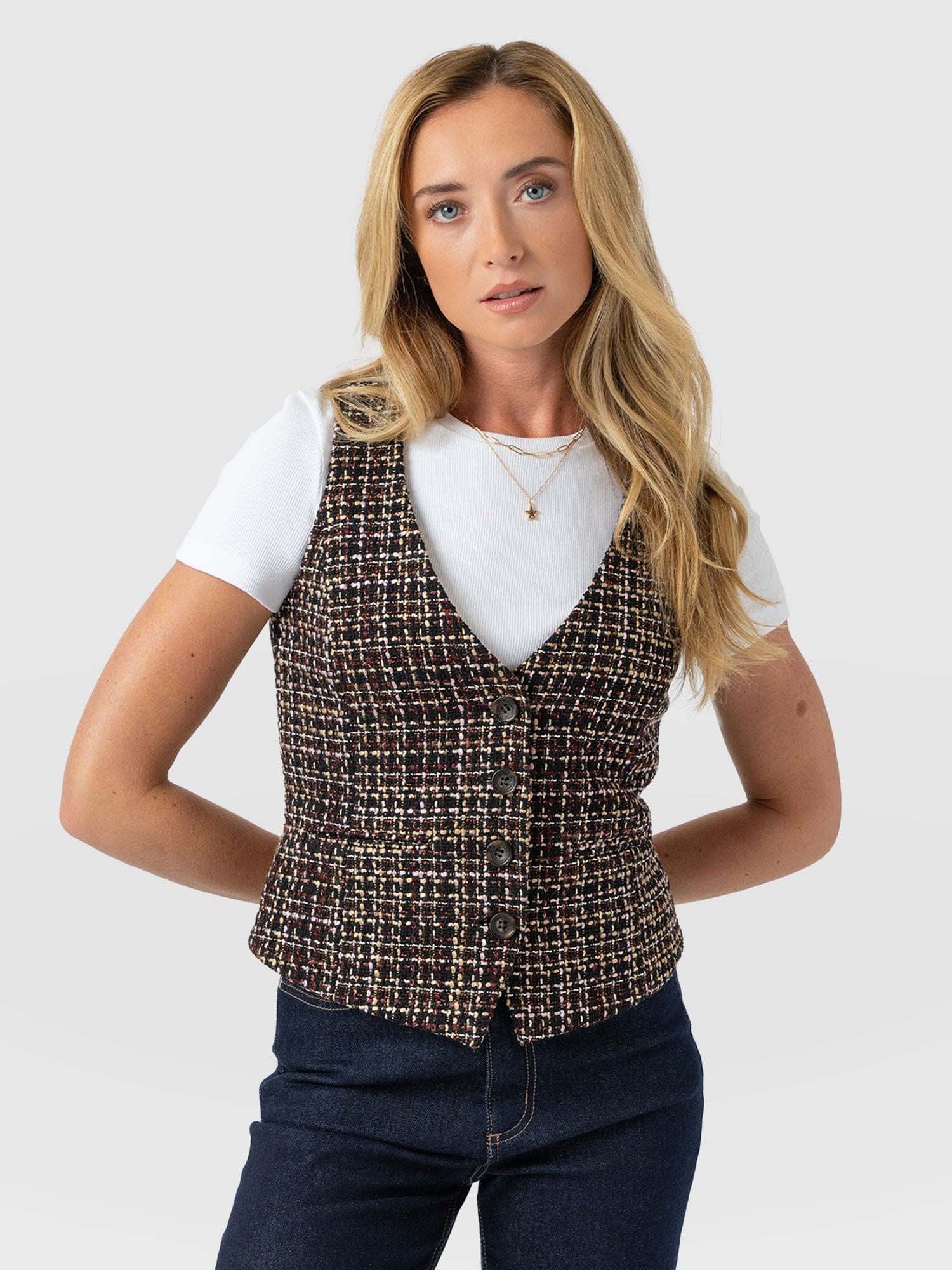 Astrid Waistcoat - Black/Burgundy/Gold Boucle - Women's Jackets | Saint + Sofia® EU